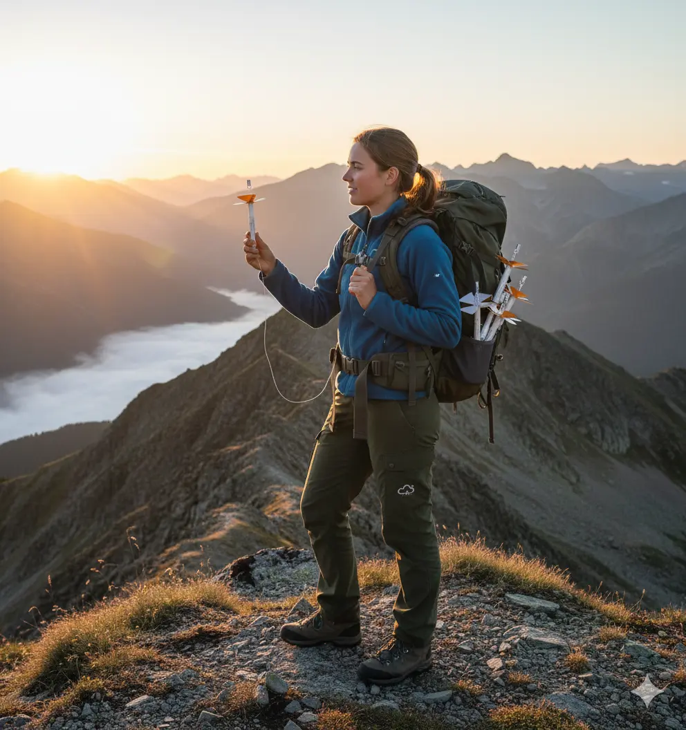 Woman on a mountaintop with Windsond S2 sondes for weather sampling.
